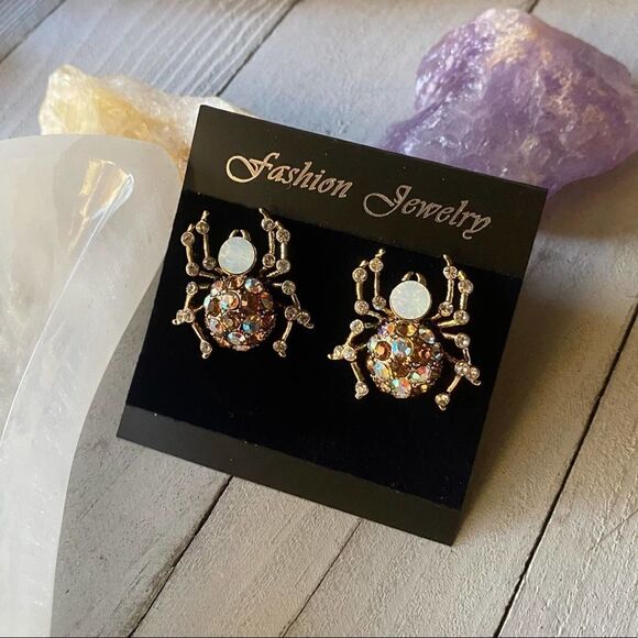 Spider Brass Top Crystal Multi Color Earrings - Picture 2 of 5